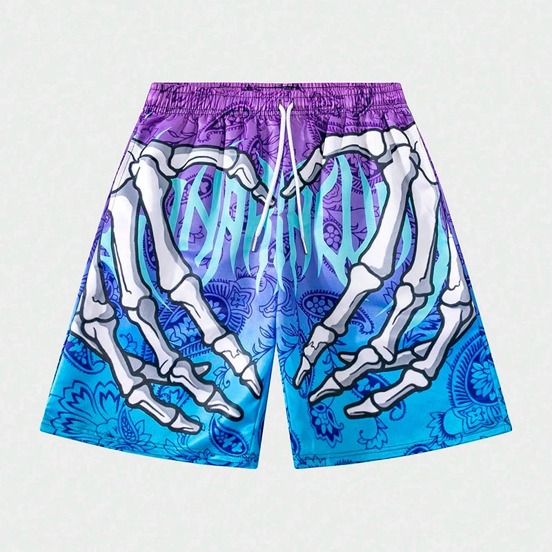 New Men's Summer Skeleton Hand Element Print Shorts-Sports Breathable Loose Trend Beach Shorts
