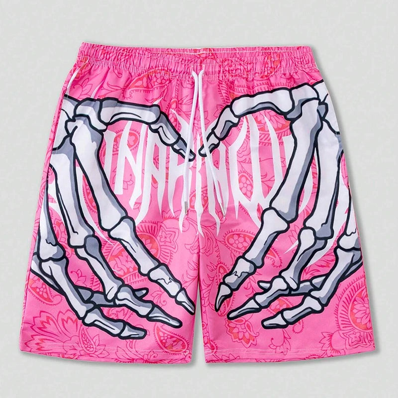 New Men's Summer Skeleton Hand Element Print Shorts-Sports Breathable Loose Trend Beach Shorts
