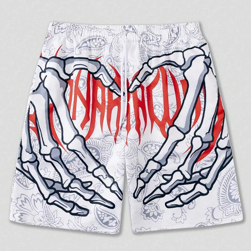 New Men's Summer Skeleton Hand Element Print Shorts-Sports Breathable Loose Trend Beach Shorts