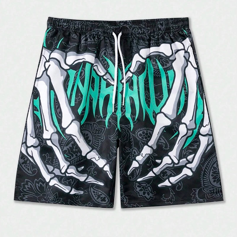 New Men's Summer Skeleton Hand Element Print Shorts-Sports Breathable Loose Trend Beach Shorts