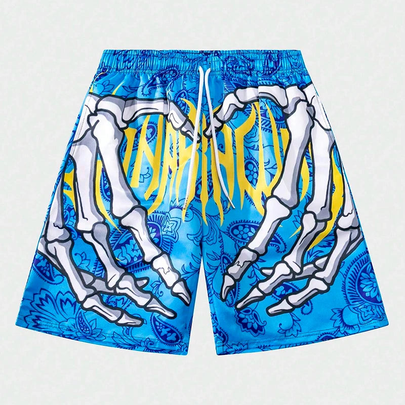 New Men's Summer Skeleton Hand Element Print Shorts-Sports Breathable Loose Trend Beach Shorts