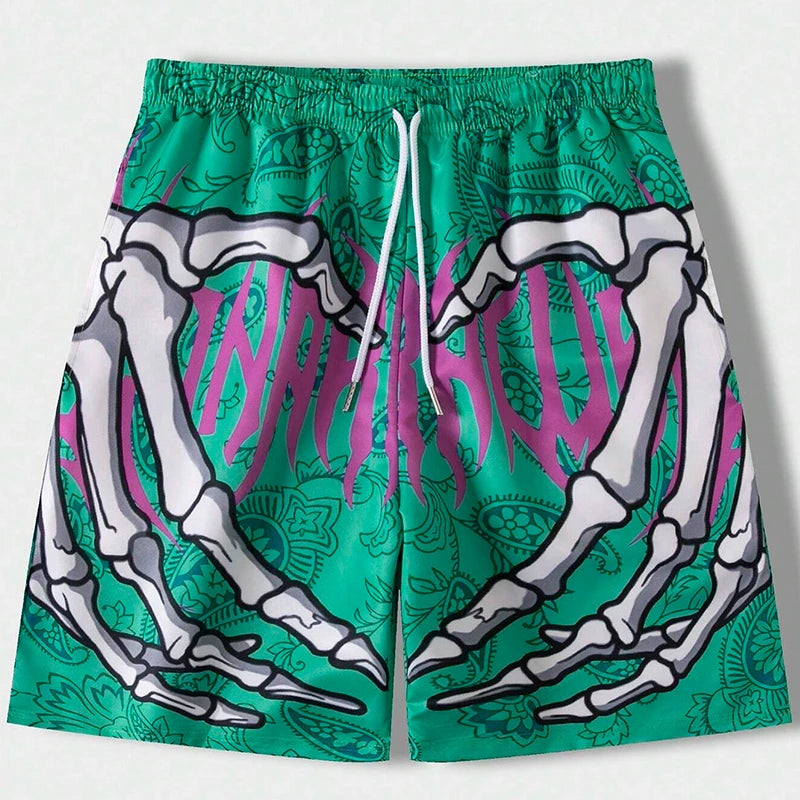 New Men's Summer Skeleton Hand Element Print Shorts-Sports Breathable Loose Trend Beach Shorts