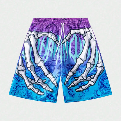 New Men's Summer Skeleton Hand Element Print Shorts-Sports Breathable Loose Trend Beach Shorts