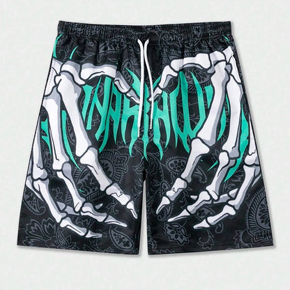 New Men's Summer Skeleton Hand Element Print Shorts-Sports Breathable Loose Trend Beach Shorts