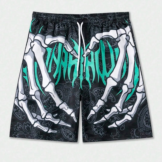 New Men's Summer Skeleton Hand Element Print Shorts-Sports Breathable Loose Trend Beach Shorts