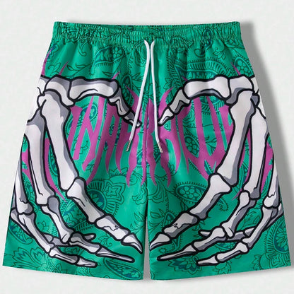 New Men's Summer Skeleton Hand Element Print Shorts-Sports Breathable Loose Trend Beach Shorts